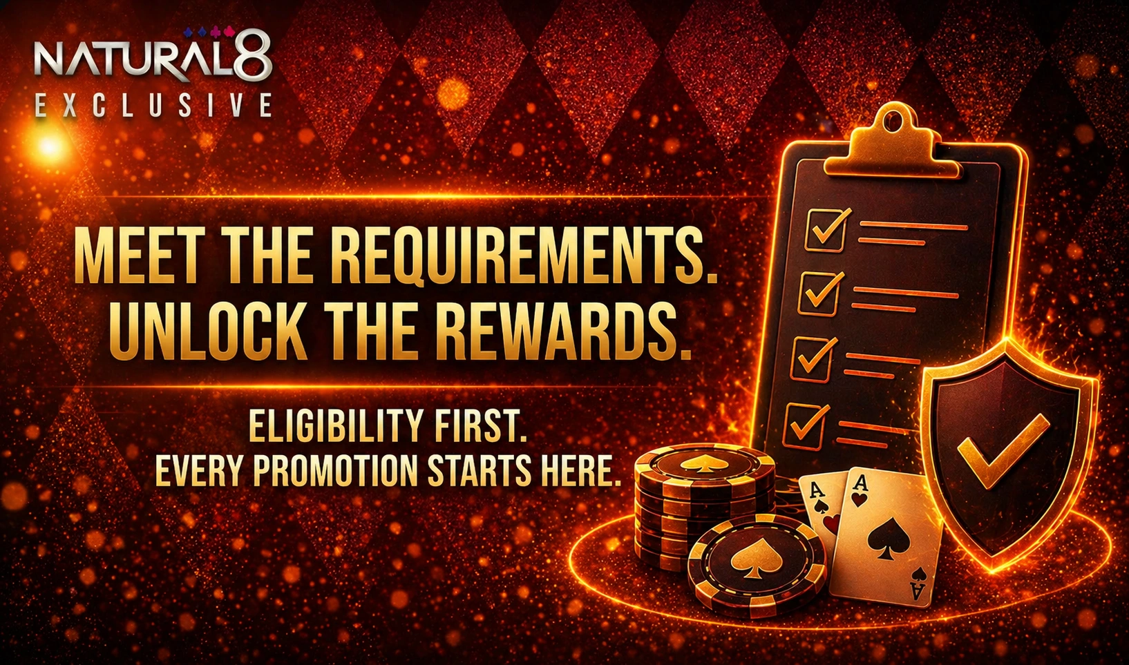 Natural8 requirements banner with checklist, shield, poker chips and cards emphasizing eligibility rules and bonus conditions