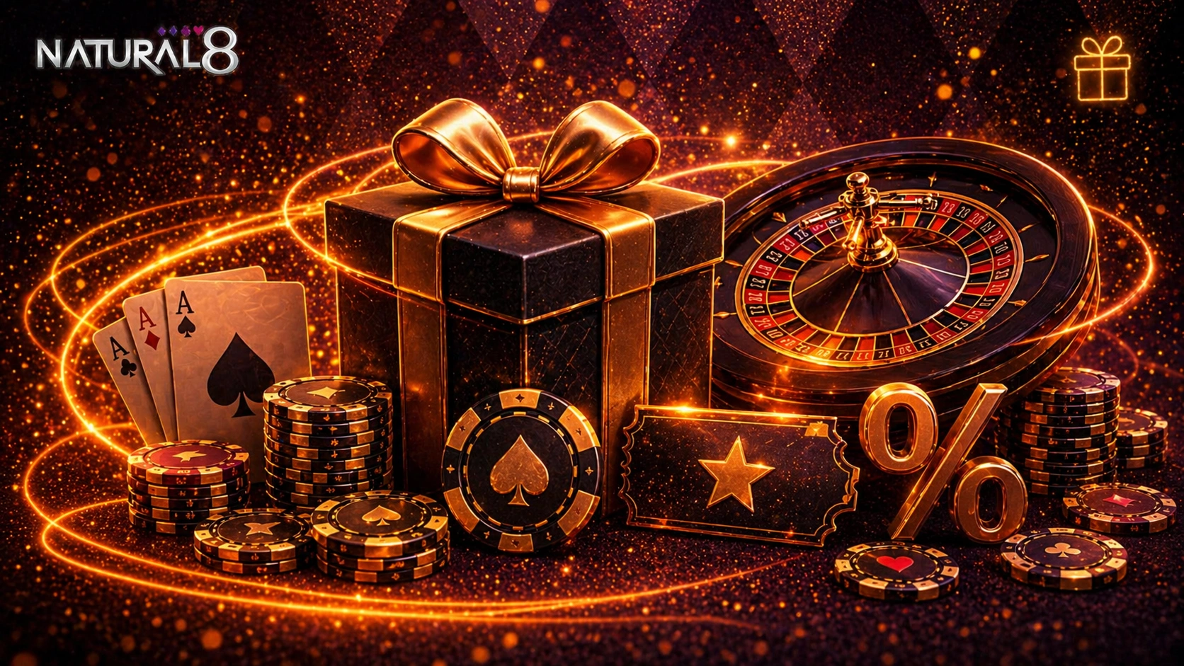 Natural8 bonus banner with gift box, roulette wheel, poker chips and cards highlighting promotions, rewards and casino offers
