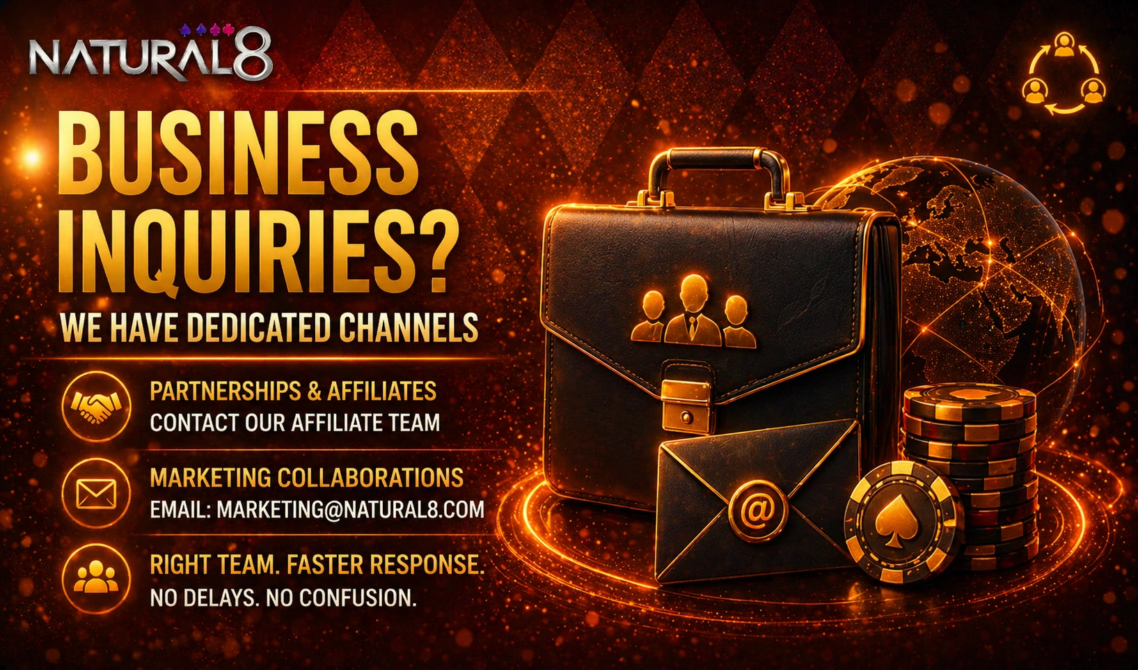 Natural8 business inquiries banner with briefcase, envelope, globe and poker chips highlighting partnerships, affiliates and marketing contact options