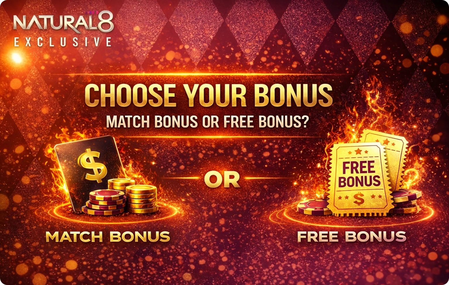 Choose Your Bonus at Natural Eight: Comparing a 'Match Bonus' depicted by stacked gold coins against a 'Free Bonus' shown as gold tickets