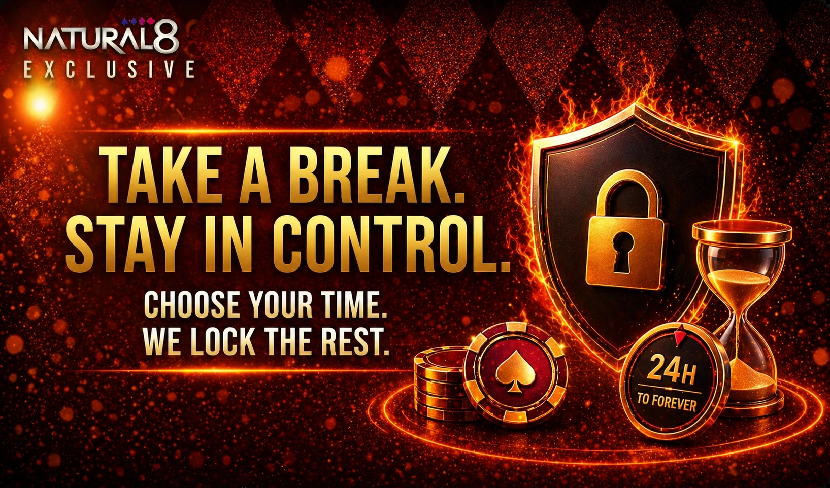 Natural8 self-control banner with shield, hourglass, poker chips and timer highlighting break reminders, limits and responsible gaming tools