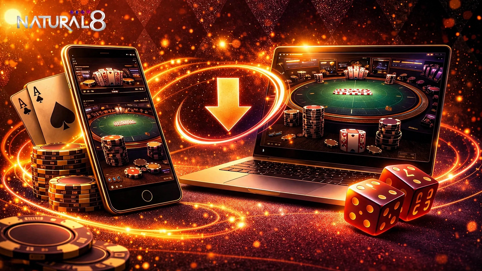 Natural8 poker platform banner showing mobile and desktop gameplay with seamless transition, chips, cards and glowing casino effects
