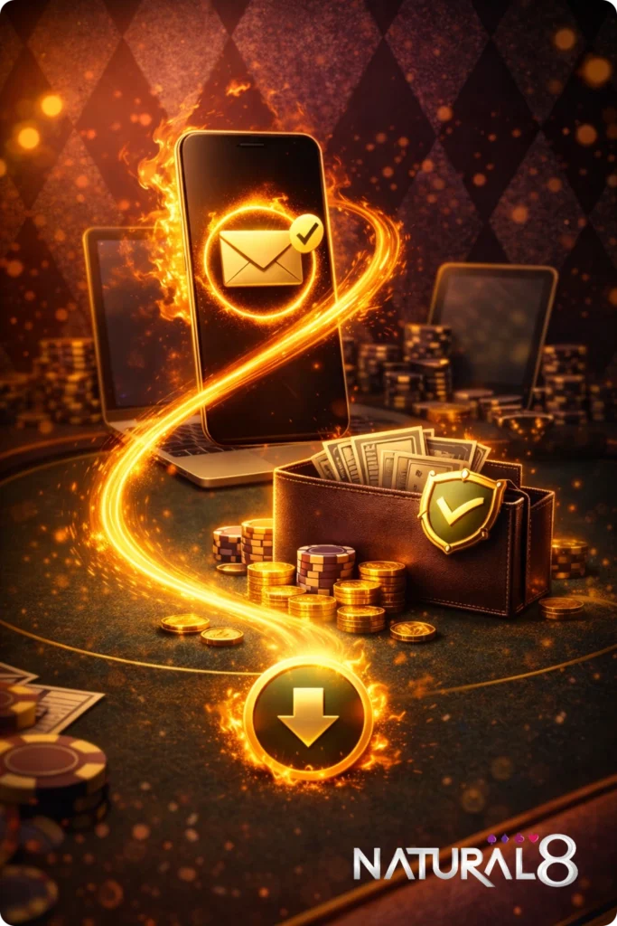 Natural Eight secure withdrawal process featuring email verification on a smartphone, a protected wallet with cash, and casino chips on a poker table