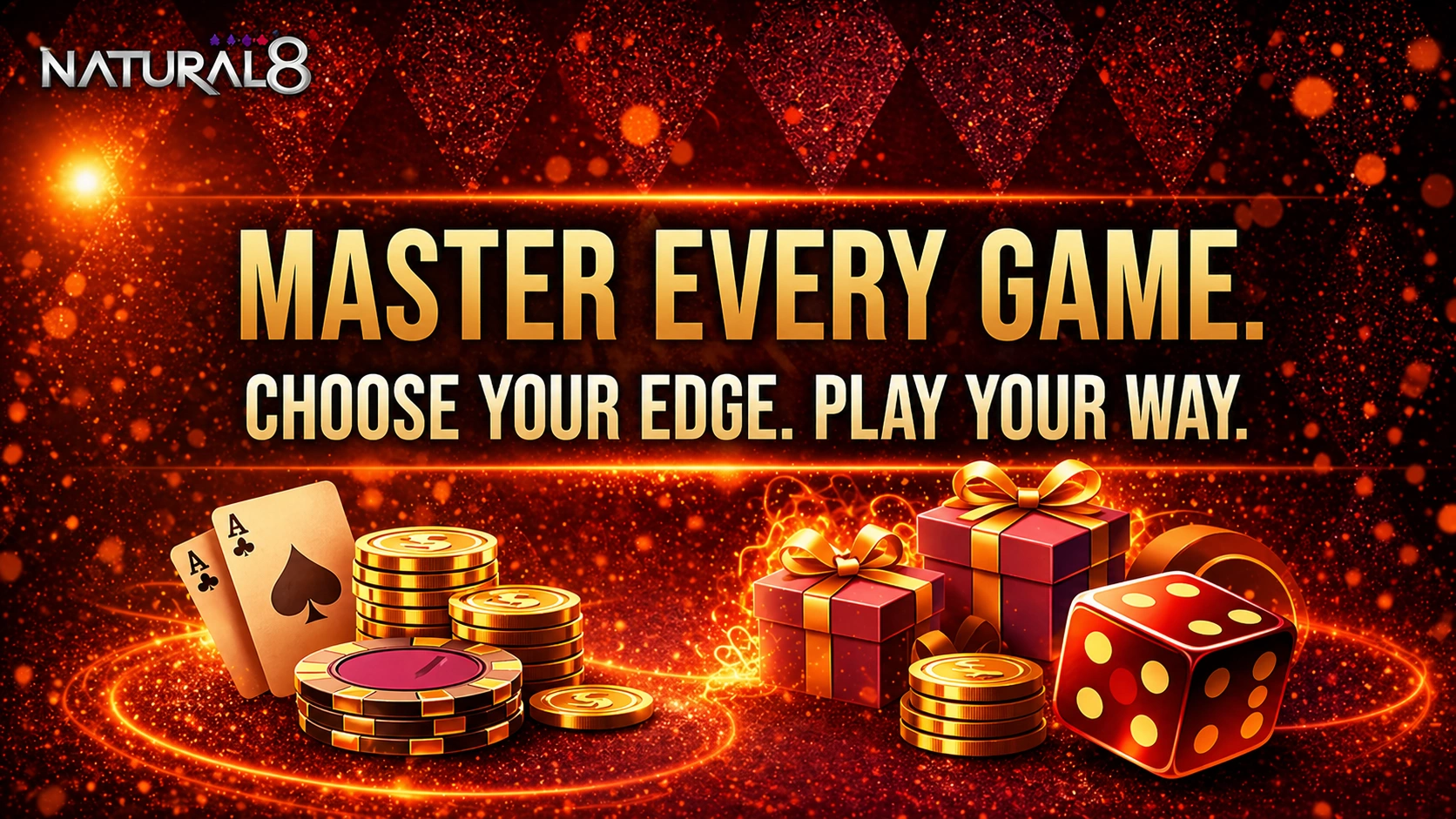 Natural8 promotion banner with poker chips, cards, gift boxes and dice highlighting rewards, bonuses and premium casino experience