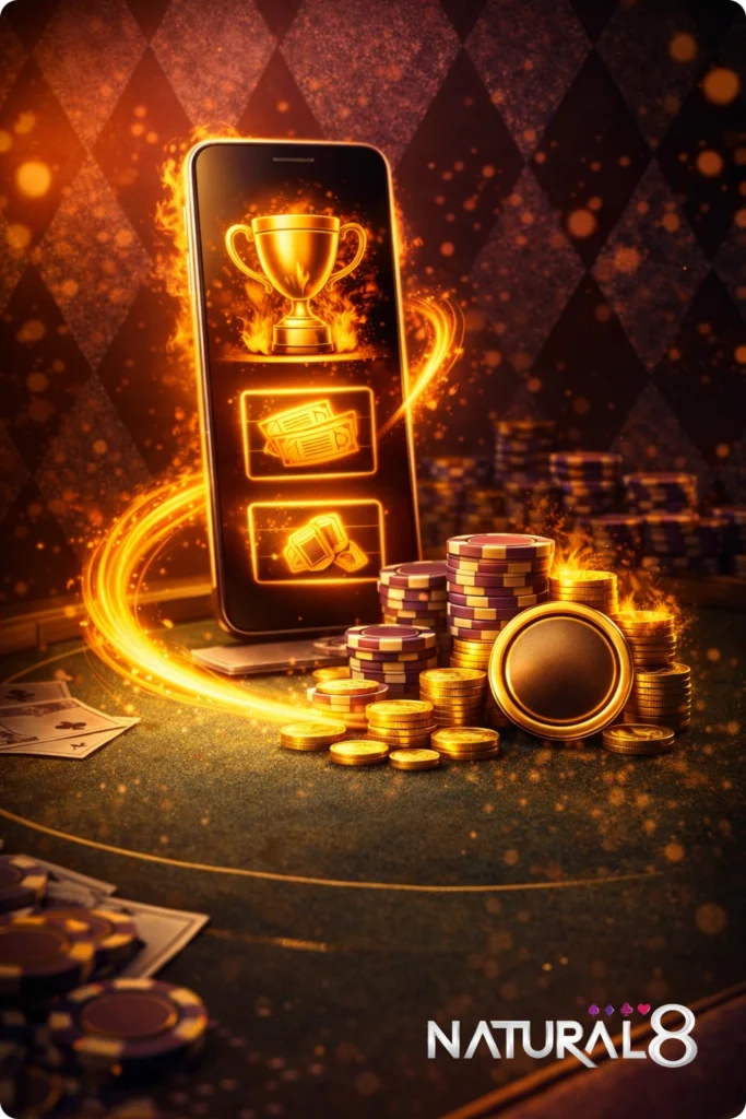 Natural Eight mobile app interface displaying a golden trophy, rewards, and poker tickets, surrounded by stacks of casino chips and gold coins