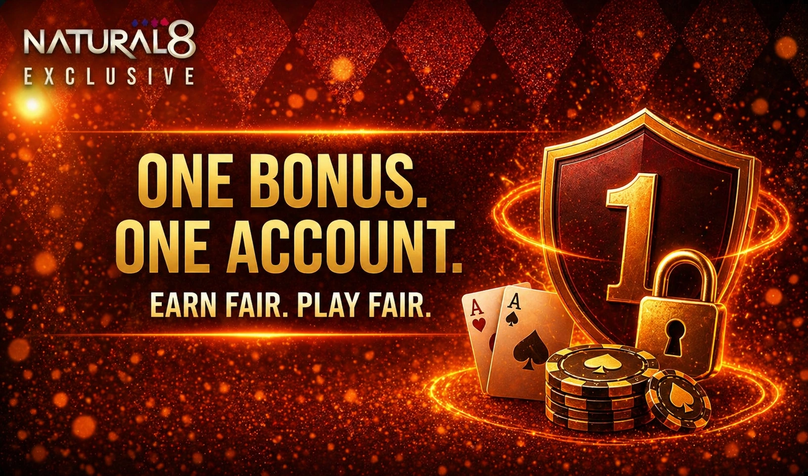 Natural8 fair play banner with shield, number one badge, poker chips and cards highlighting single account policy and fair gaming system