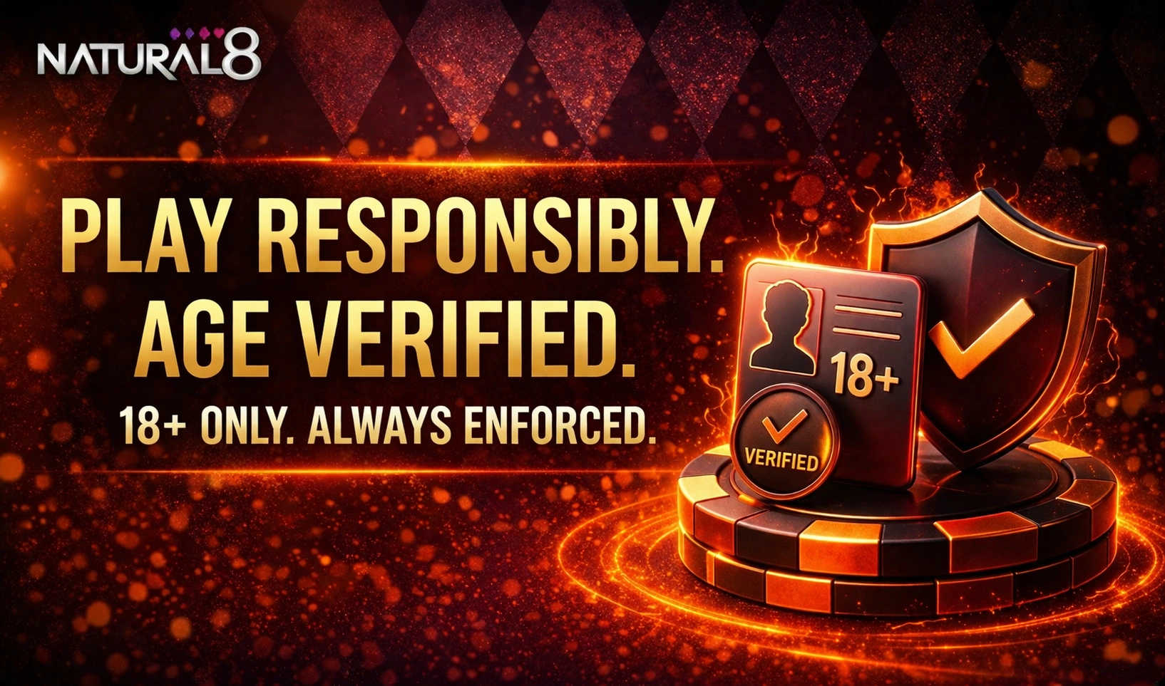 Natural8 age verification banner with 18+ ID card, shield and security elements emphasizing restricted access and responsible play policy