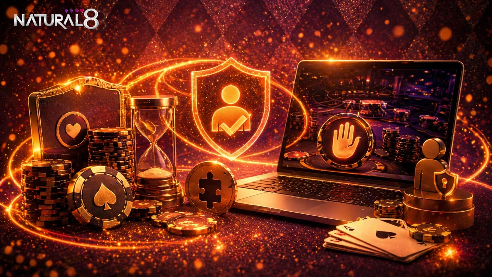 Natural8 responsible gaming banner with shield, chips, hourglass and laptop highlighting player protection, control tools and safe poker environment