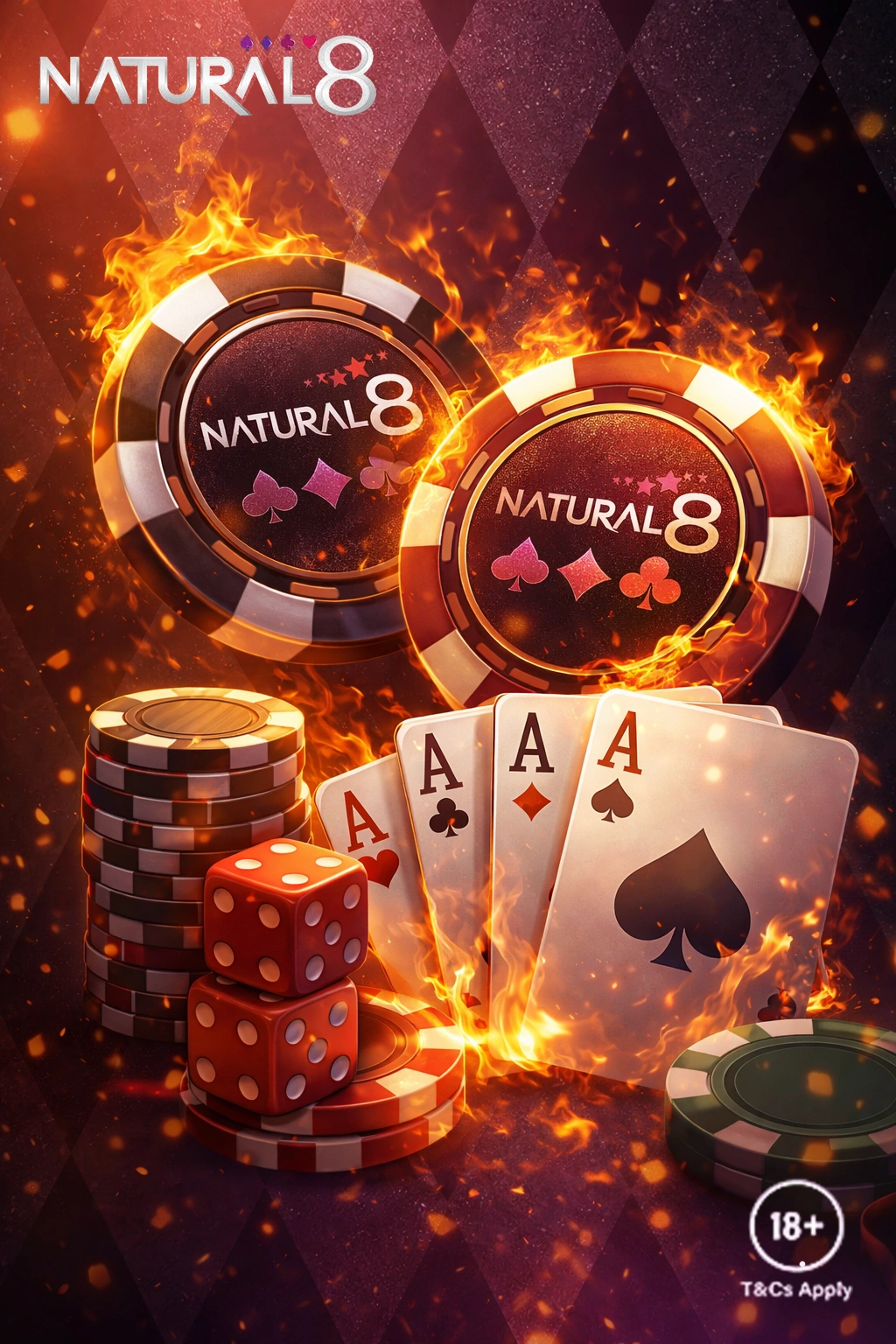 Branded Natural Eight poker chips floating over four Aces and red dice in a ring of fire. High-stakes poker and casino banner