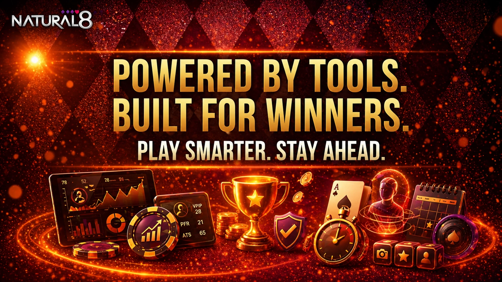 Natural8 tools and analytics banner with performance charts, trophy, poker elements and smart features for advanced gameplay and strategy