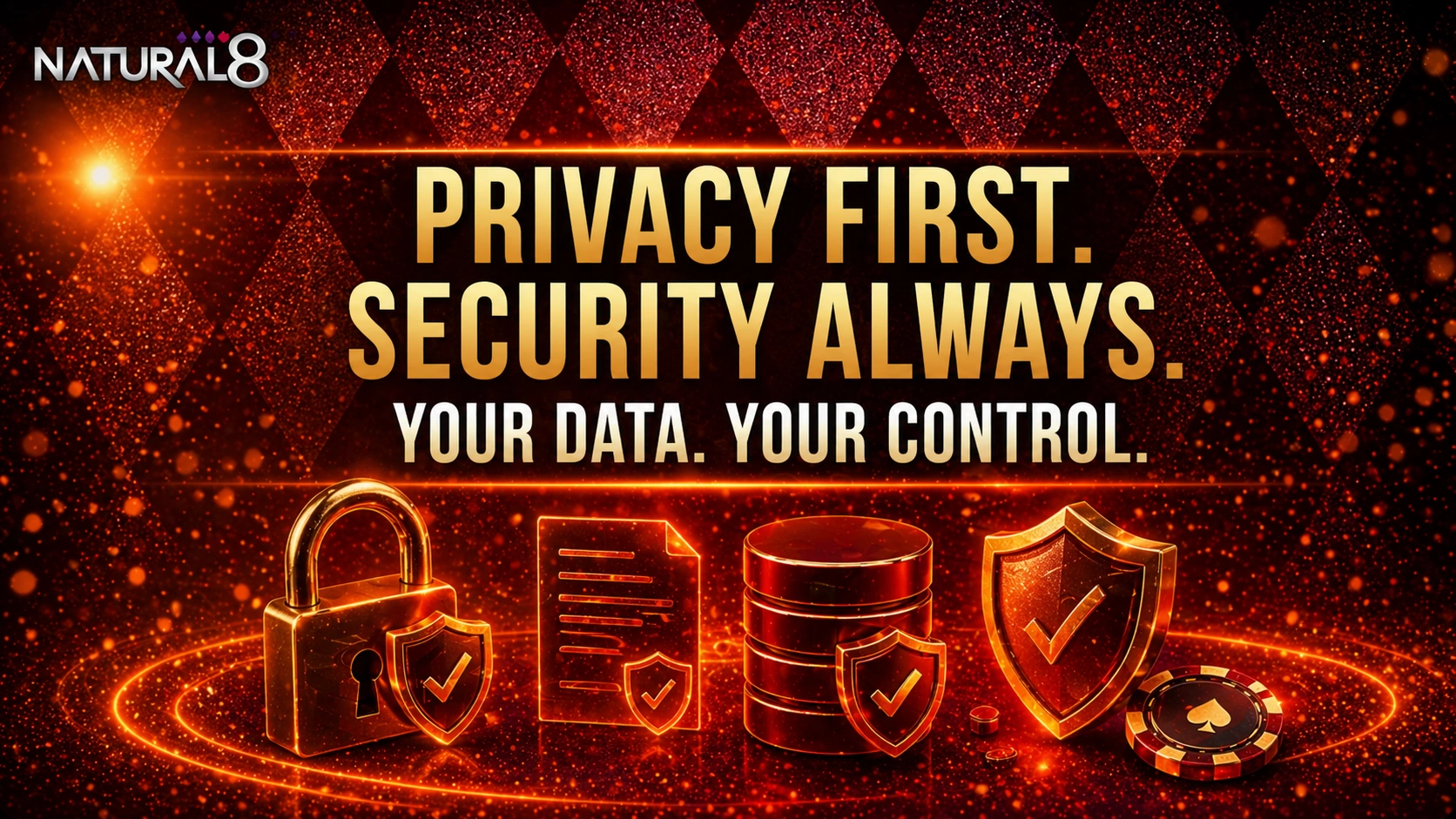 Natural8 privacy banner with lock icons, secure data elements and poker visuals emphasizing user data control and protection