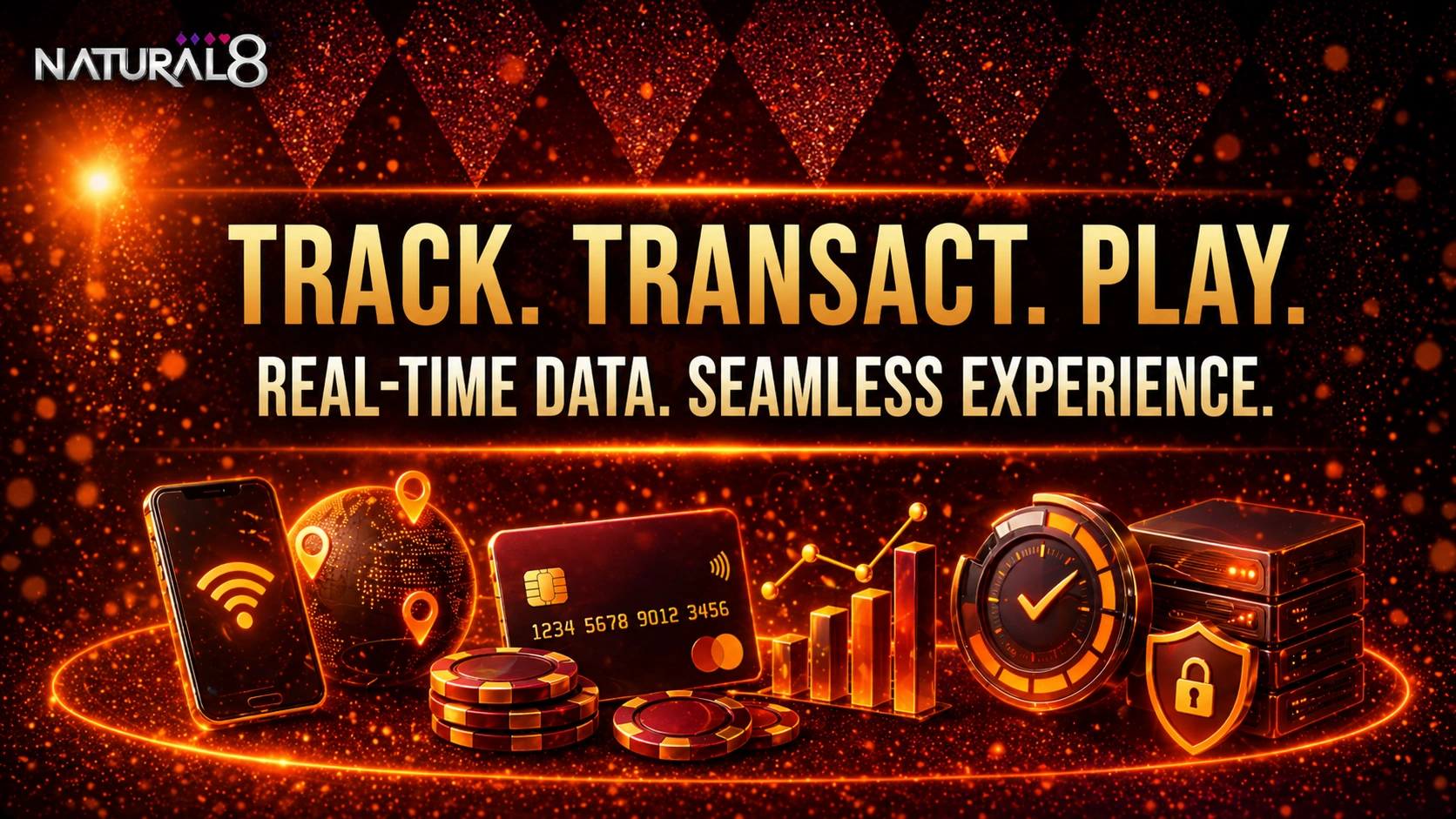 Natural8 fintech banner with payment card, analytics charts, mobile device and poker chips showing real-time transactions and account tracking