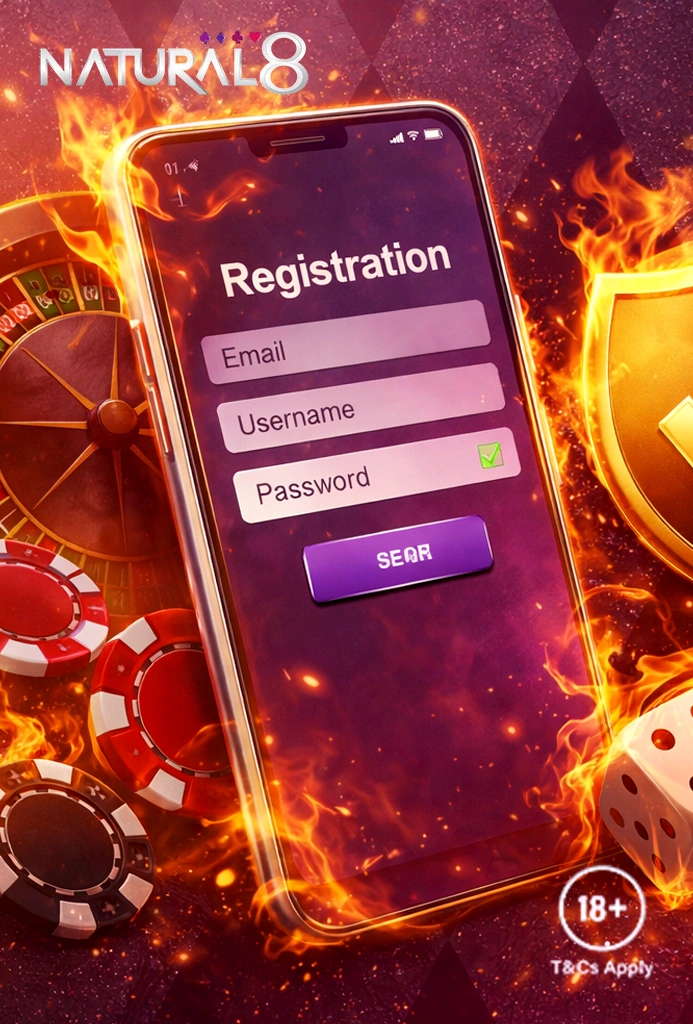 Mobile registration form for Natural Eight on a smartphone screen surrounded by a golden shield, roulette wheel, dice, and burning poker chips
