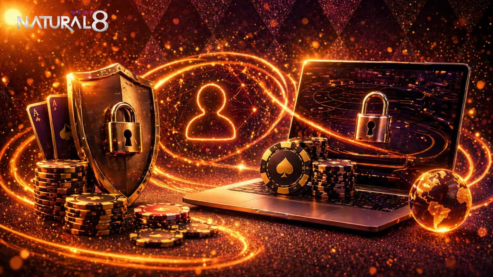 Natural8 security banner with shield, lock, poker chips and laptop highlighting data protection and safe online poker environment