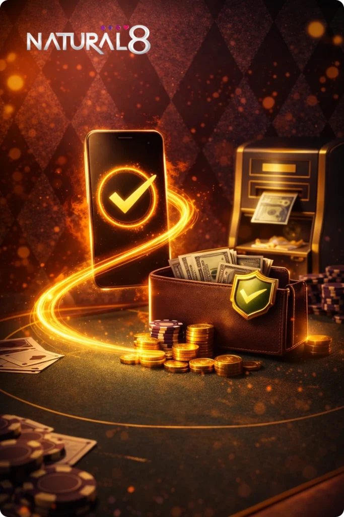 Visual concept of secure mobile deposits at Natural Eight, showing a smartphone with a checkmark linked to a wallet full of cash and poker chips on a table