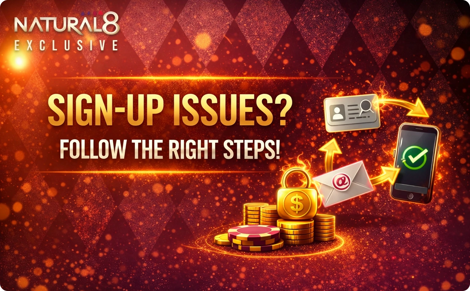 Natural Eight troubleshooting guide for sign-up issues showing ID verification, email confirmation, and secure wallet setup icons