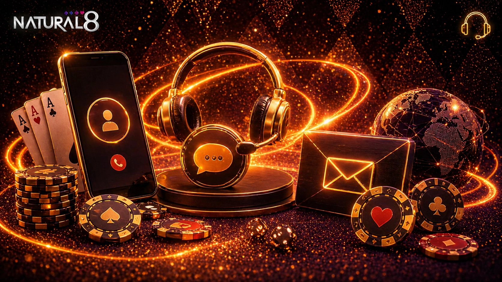 Natural8 support banner with headset, smartphone, envelope and poker chips highlighting customer service, live chat and communication options