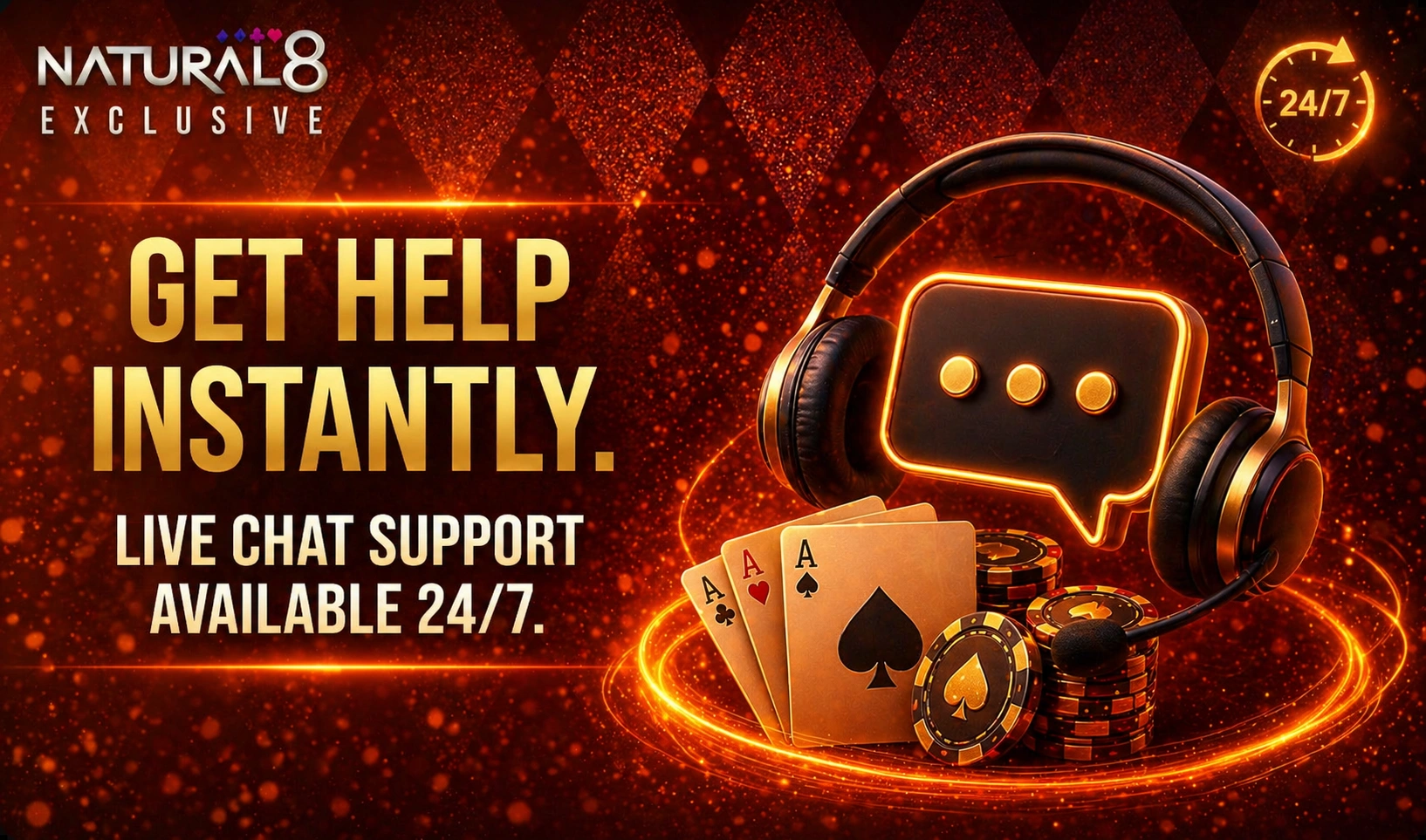 Natural8 live chat banner with headset, speech bubble, poker cards and chips emphasizing instant support and 24/7 assistance