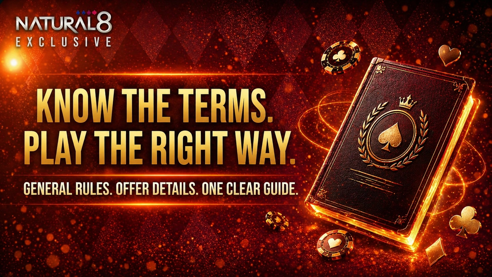 Natural8 terms and conditions banner with rulebook, poker chips and floating card suits emphasizing game rules, policies and guidelines
